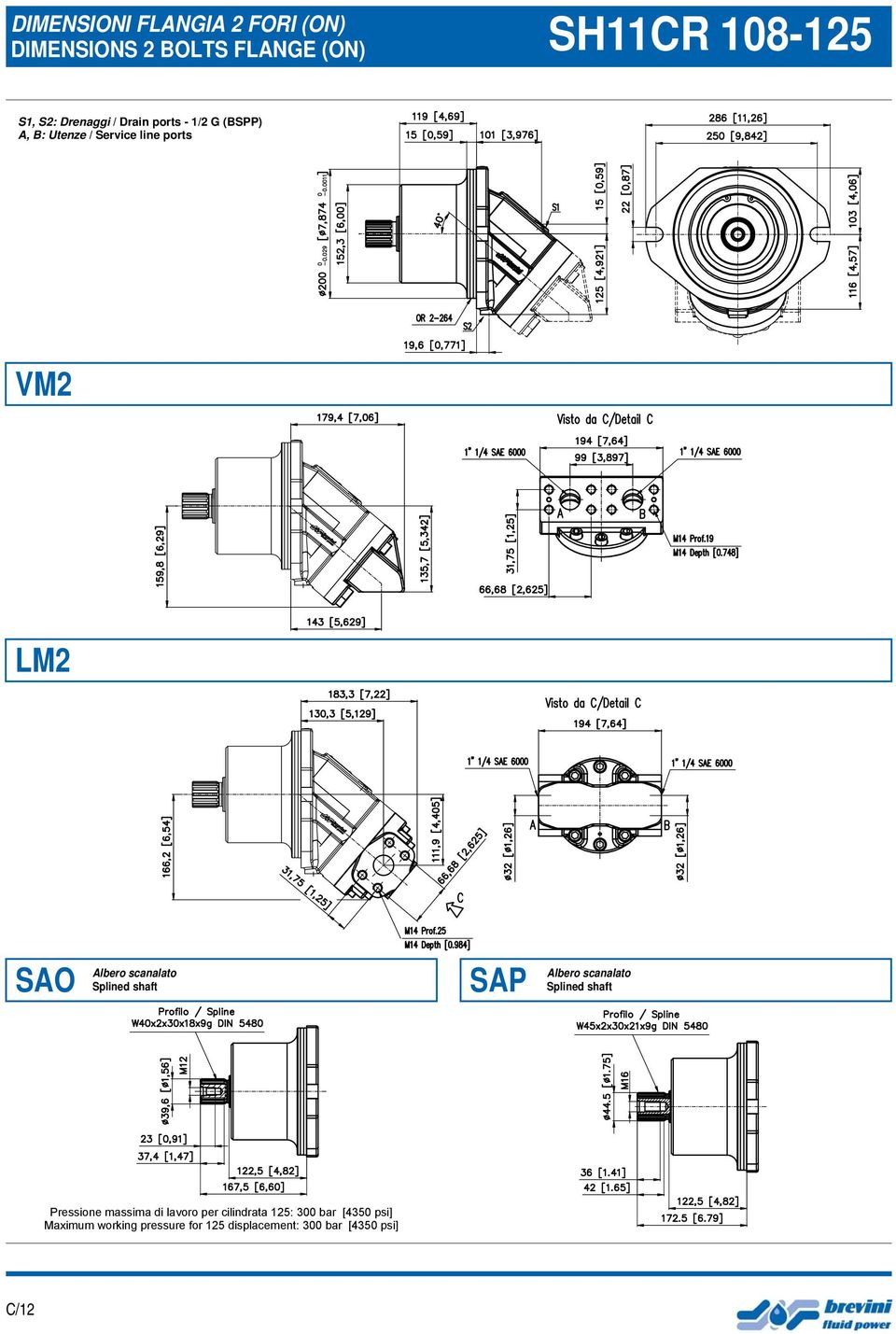 Service line ports SAO SAP Pressione massima di lavoro per cilindrata 125: