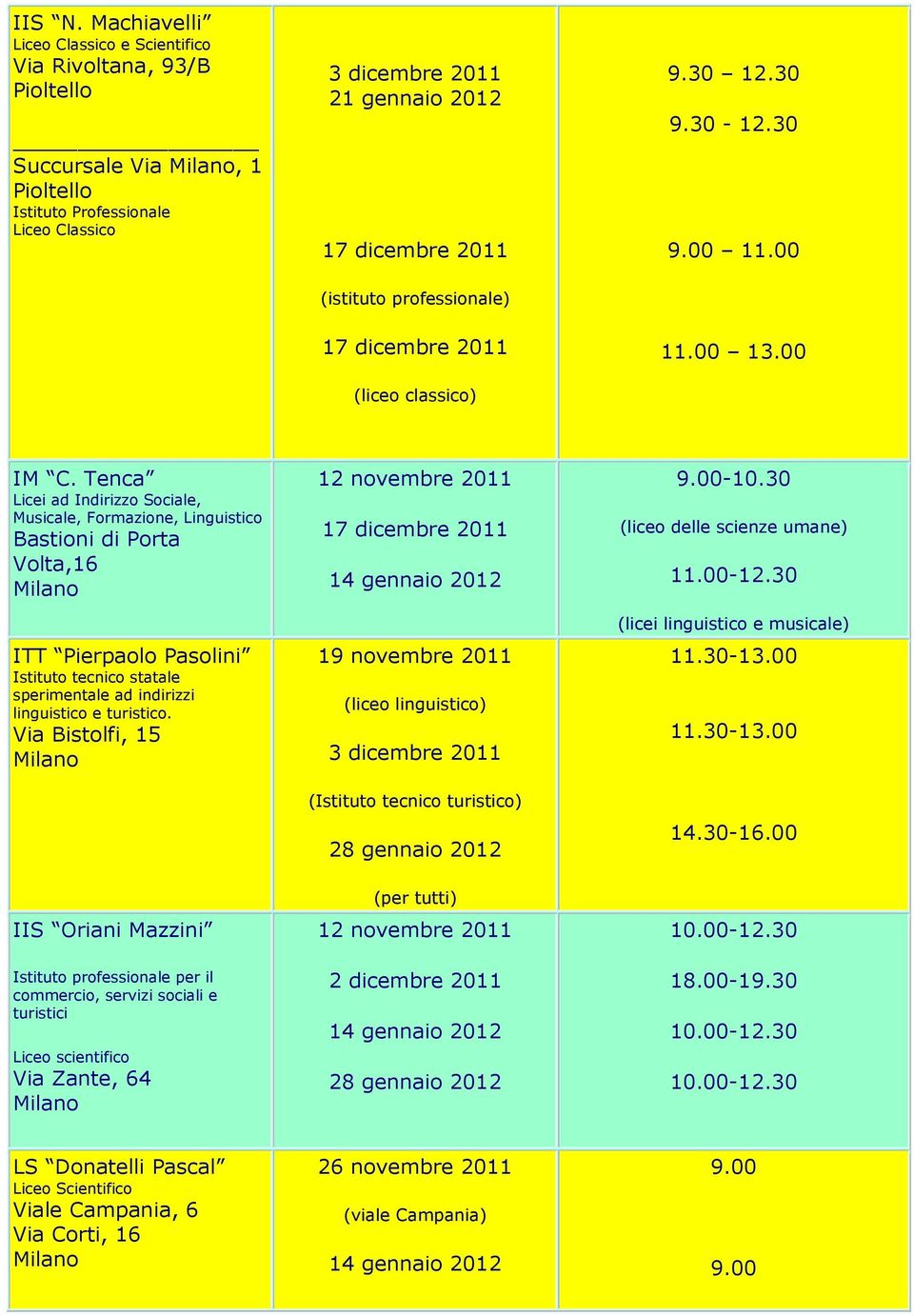 Tenca Licei ad Indirizzo Sociale, Musicale, Formazione, Linguistico Bastioni di Porta Volta,16 ITT Pierpaolo Pasolini Istituto tecnico statale sperimentale ad indirizzi linguistico e turistico.