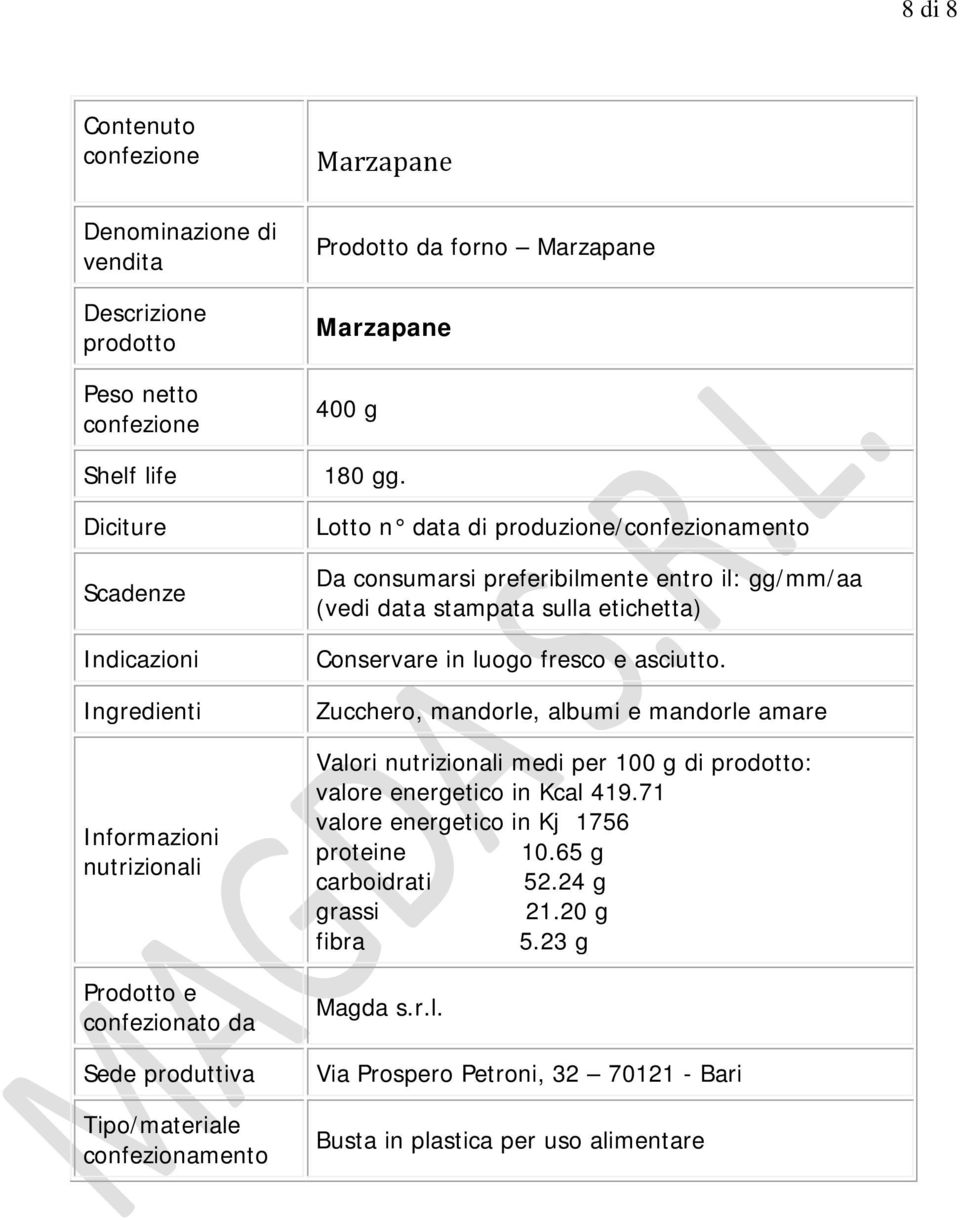 Lotto n data di produzione/ Zucchero, mandorle, albumi e mandorle amare Valori medi per