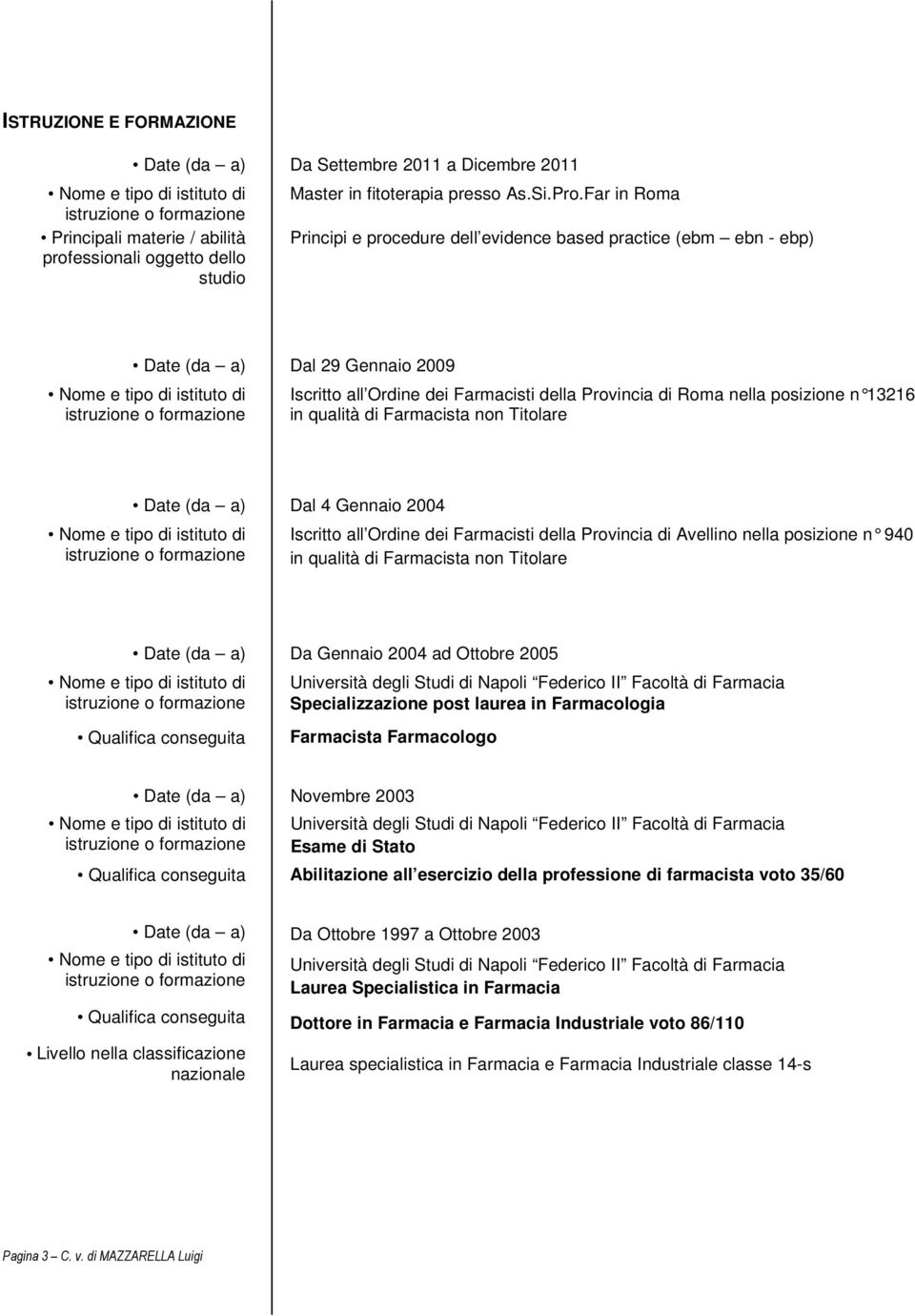 qualità di Farmacista non Titolare Date (da a) Dal 4 Gennaio 2004 Iscritto all Ordine dei Farmacisti della Provincia di Avellino nella posizione n 940 in qualità di Farmacista non Titolare Date (da