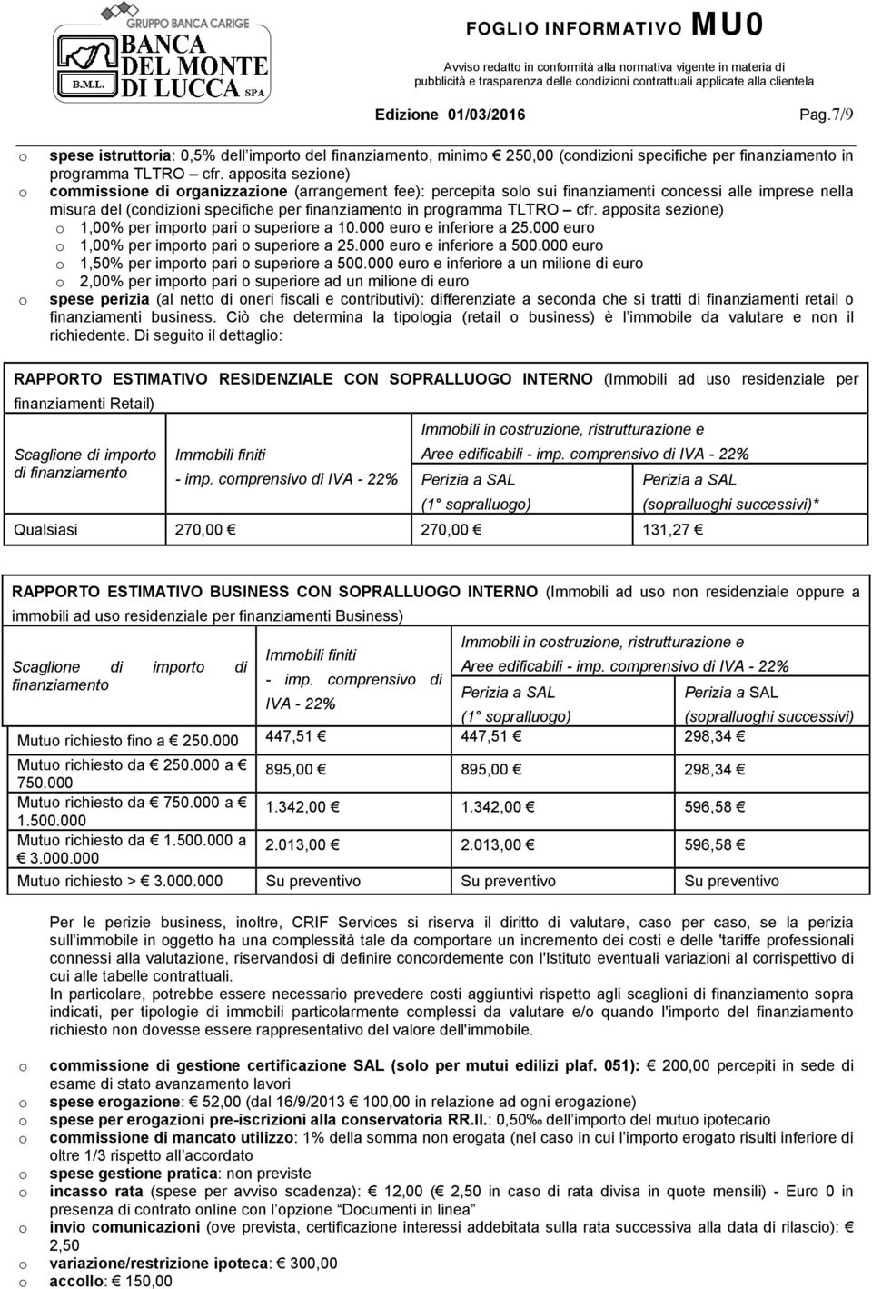 appsita sezine) cmmissine di rganizzazine (arrangement fee): percepita sl sui finanziamenti cncessi alle imprese nella misura del (cndizini specifiche per finanziament in prgramma TLTRO cfr.