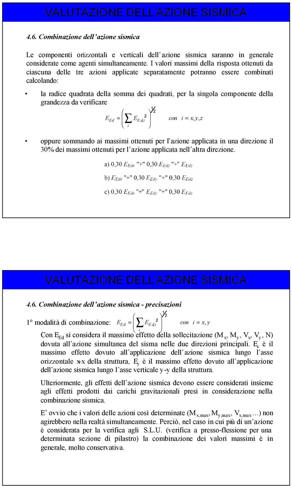 componente della grandezza da verificare oppure sommando ai massimi ottenuti per l azione applicata in una direzione il 30% dei massimi ottenuti per l azione applicata nell altra direzione.