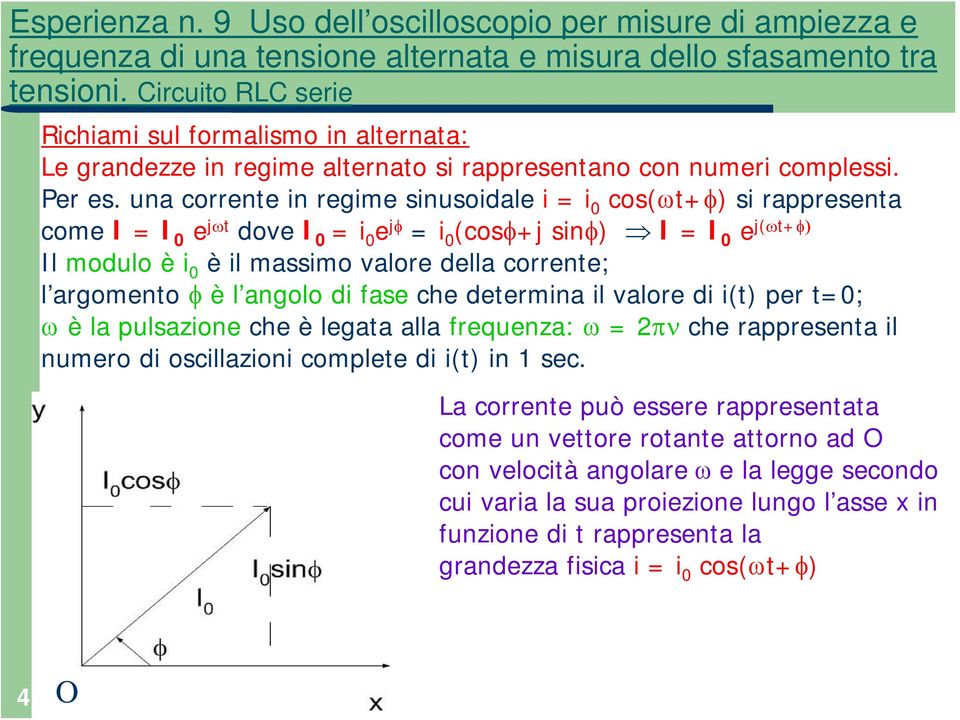 della corrente; l argomento φ è l angolo di fase che determina il valore di i(t) per t=0; ω è la pulsazione che è legata alla frequenza: ω = 2πν che rappresenta il numero di