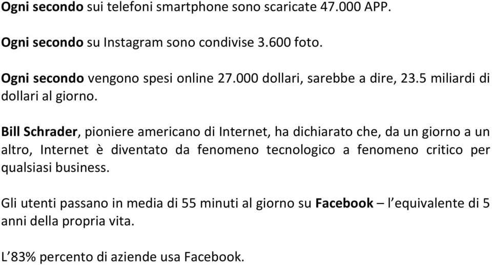 Bill Schrader, pioniere americano di Internet, ha dichiarato che, da un giorno a un altro, Internet è diventato da fenomeno tecnologico