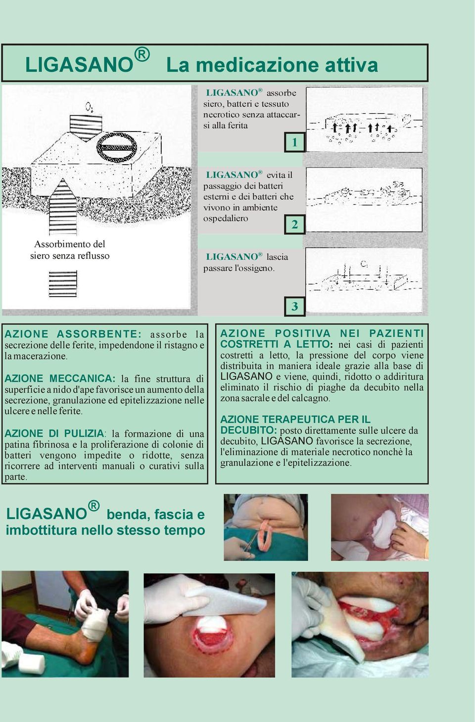 AZIONE MECCANICA: la fine struttura di superficie a nido d'ape favorisce un aumento della secrezione, granulazione ed epitelizzazione nelle ulcere e nelle ferite.