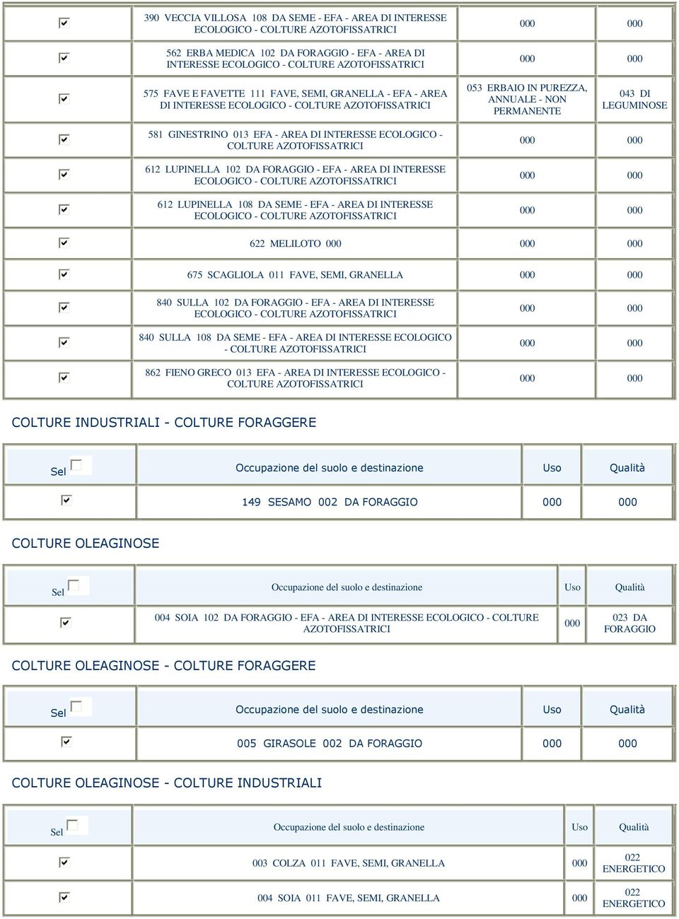 - AREA DI INTERESSE ECOLOGICO - COLTURE 622 MELILOTO 675 SCAGLIOLA 011 FAVE, SEMI, GRANELLA 840 SULLA 102 DA - EFA - AREA DI INTERESSE ECOLOGICO - COLTURE 840 SULLA 108 DA SEME - EFA - AREA DI