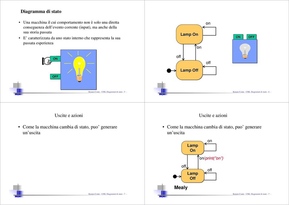 Renato Cte - UML Diagrammi di stato - 6 - Uscite e azii Come la macchina cambia di stato, puo generare un uscita Uscite e azii Come la macchina