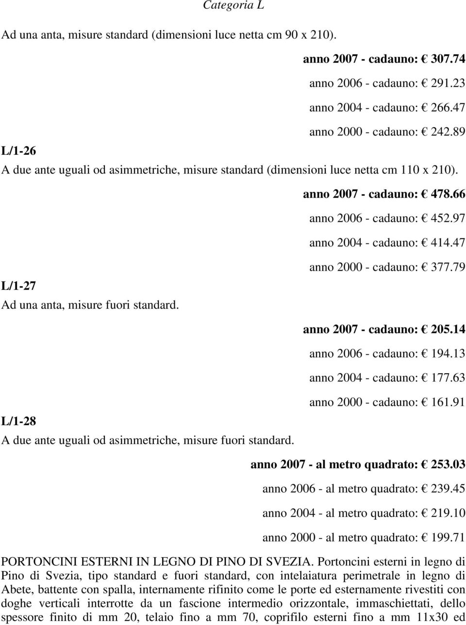 47 L/1-27 Ad una anta, misure fuori standard. anno 2000 - cadauno: 377.79 anno 2007 - cadauno: 205.14 anno 2006 - cadauno: 194.13 anno 2004 - cadauno: 177.