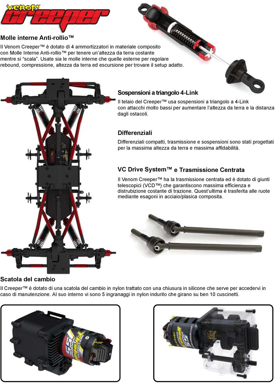 Sospensioni a triangolo 4-Link Il telaio del Creeper usa sospensioni a triangolo a 4-Link con attacchi molto bassi per aumentare l altezza da terra e la distanza dagli ostacoli.