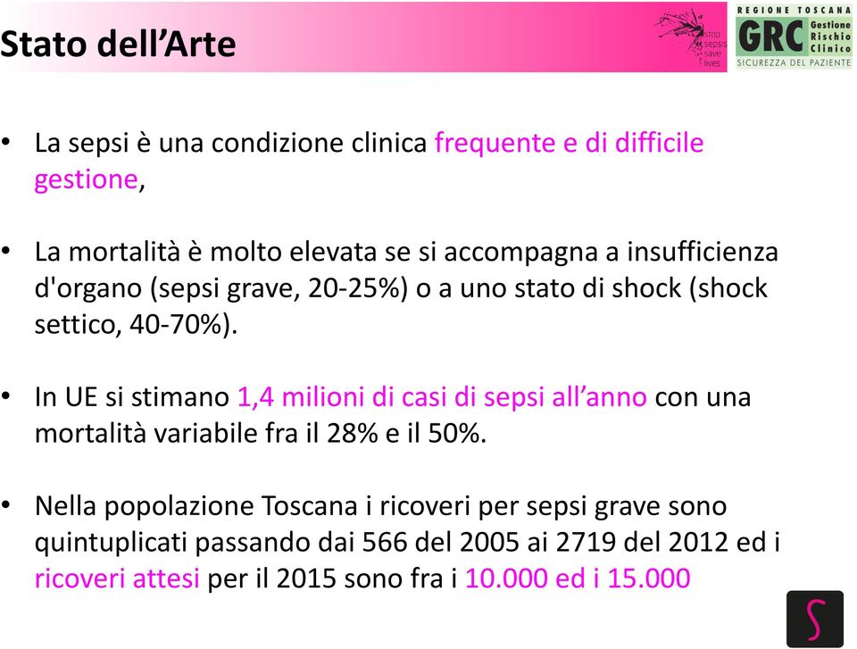 In UE si stimano 1,4 milioni di casi di sepsi all anno con una mortalità variabile fra il 28% e il 50%.