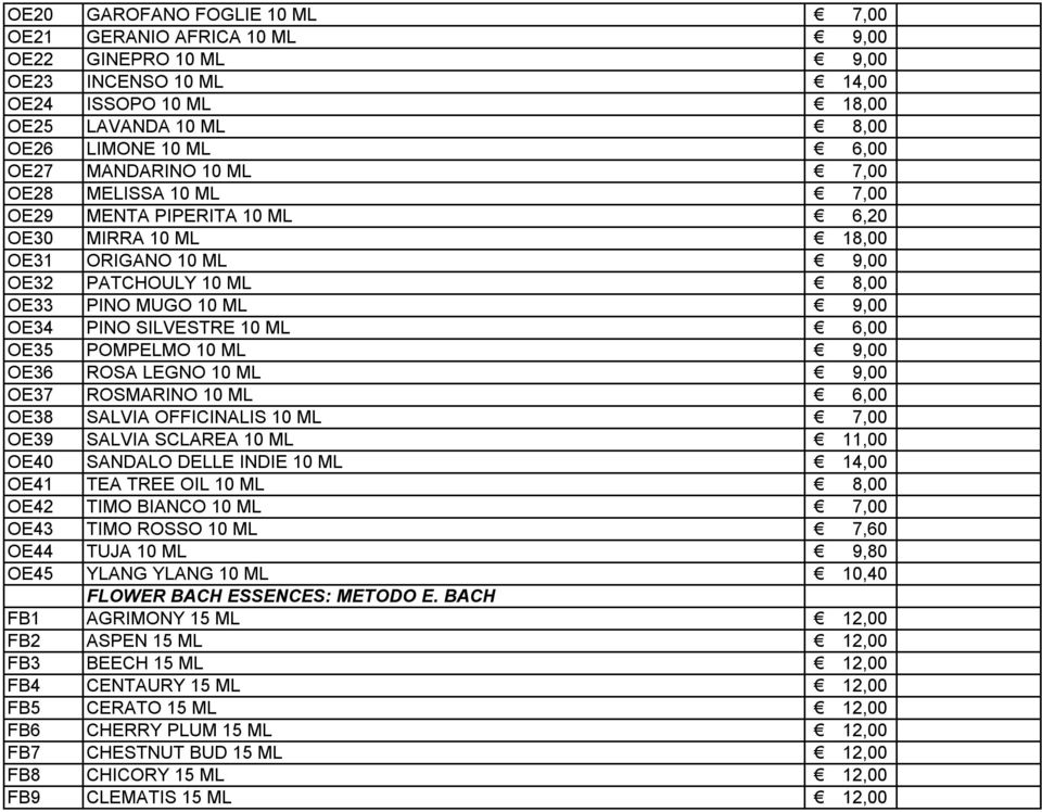 PINO SILVESTRE 10 ML ד 6,00 OE35 POMPELMO 10 ML ד 9,00 OE36 ROSA LEGNO 10 ML ד 9,00 OE37 ROSMARINO 10 ML ד 6,00 OE38 SALVIA OFFICINALIS 10 ML ד 7,00 OE39 SALVIA SCLAREA 10 ML ד 11,00 OE40 SANDALO