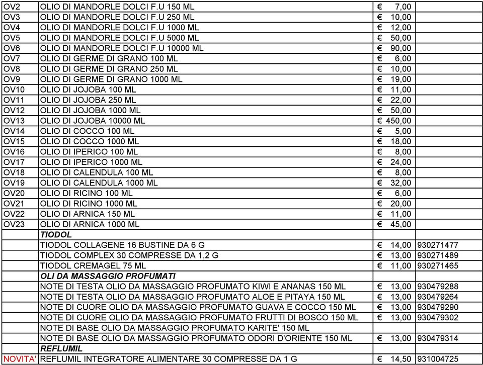 U 10000 ML ד 90,00 OV7 OLIO DI GERME DI GRANO 100 ML ד 6,00 OV8 OLIO DI GERME DI GRANO 250 ML ד 10,00 OV9 OLIO DI GERME DI GRANO 1000 ML ד 19,00 OV10 OLIO DI JOJOBA 100 ML ד 11,00 OV11 OLIO DI JOJOBA