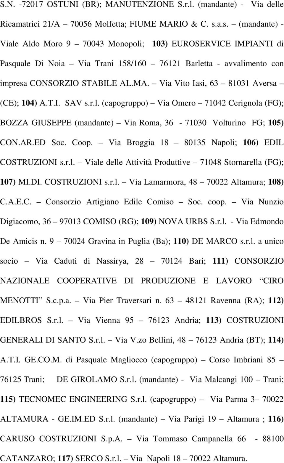Via Vito Iasi, 63 81031 Aversa (CE); 104) A.T.I. SAV s.r.l. (capogruppo) Via Omero 71042 Cerignola (FG); BOZZA GIUSEPPE (mandante) Via Roma, 36-71030 Volturino FG; 105) CON.AR.ED Soc. Coop.