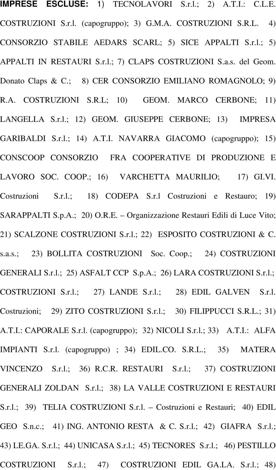 GIUSEPPE CERBONE; 13) IMPRESA GARIBALDI S.r.l.; 14) A.T.I. NAVARRA GIACOMO (capogruppo); 15) CONSCOOP CONSORZIO FRA COOPERATIVE DI PRODUZIONE E LAVORO SOC. COOP.; 16) VARCHETTA MAURILIO; 17) GI.VI.