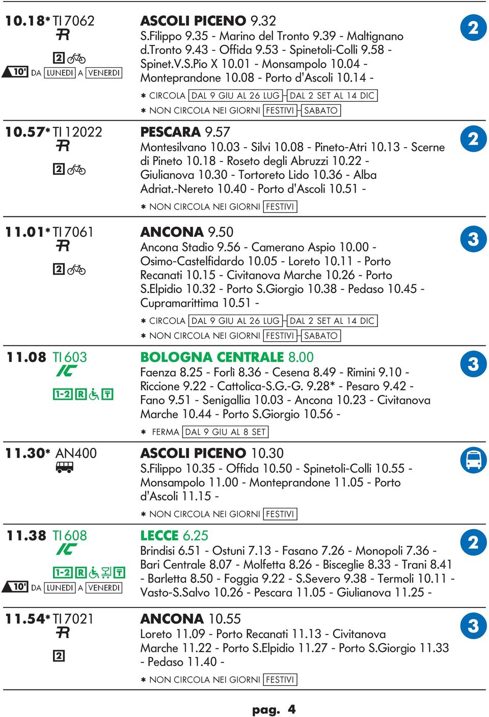 57 Montesilvano 10.03 - Silvi 10.08 - Pineto-Atri 10.13 - Scerne di Pineto 10.18 - Roseto degli Abruzzi 10. - iulianova 10.30 - Tortoreto ido 10.36 - Alba Adriat.-Nereto 10.40 - Porto d'ascoli 10.