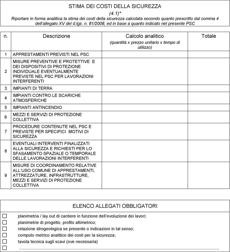 Descrizione Calcolo analitico (quantità x prezzo unitario x tempo di utilizzo) 1 APPRESTAMENTI PREVISTI NEL PSC 2 MISURE PREVENTIVE E PROTETTIVE E DEI DISPOSITIVI DI PROTEZIONE INDIVIDUALE