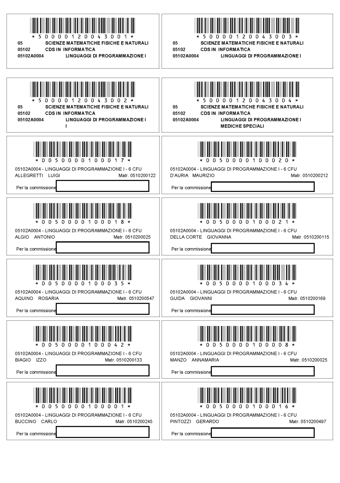 ESEMPIO DI FOGLIO etichette, identificative