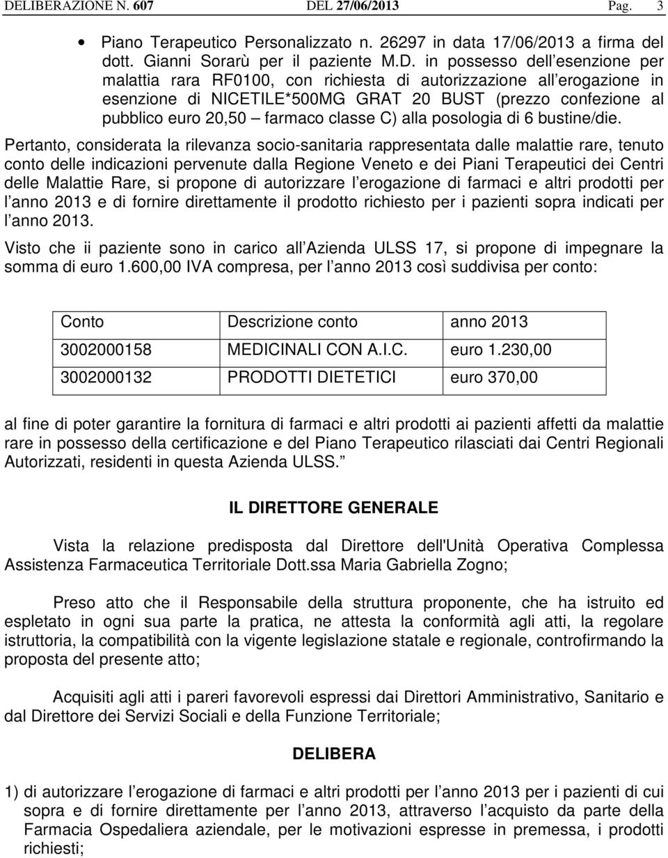 Pertanto, considerata la rilevanza socio-sanitaria rappresentata dalle malattie rare, tenuto conto delle indicazioni pervenute dalla Regione Veneto e dei Piani Terapeutici dei Centri delle Malattie