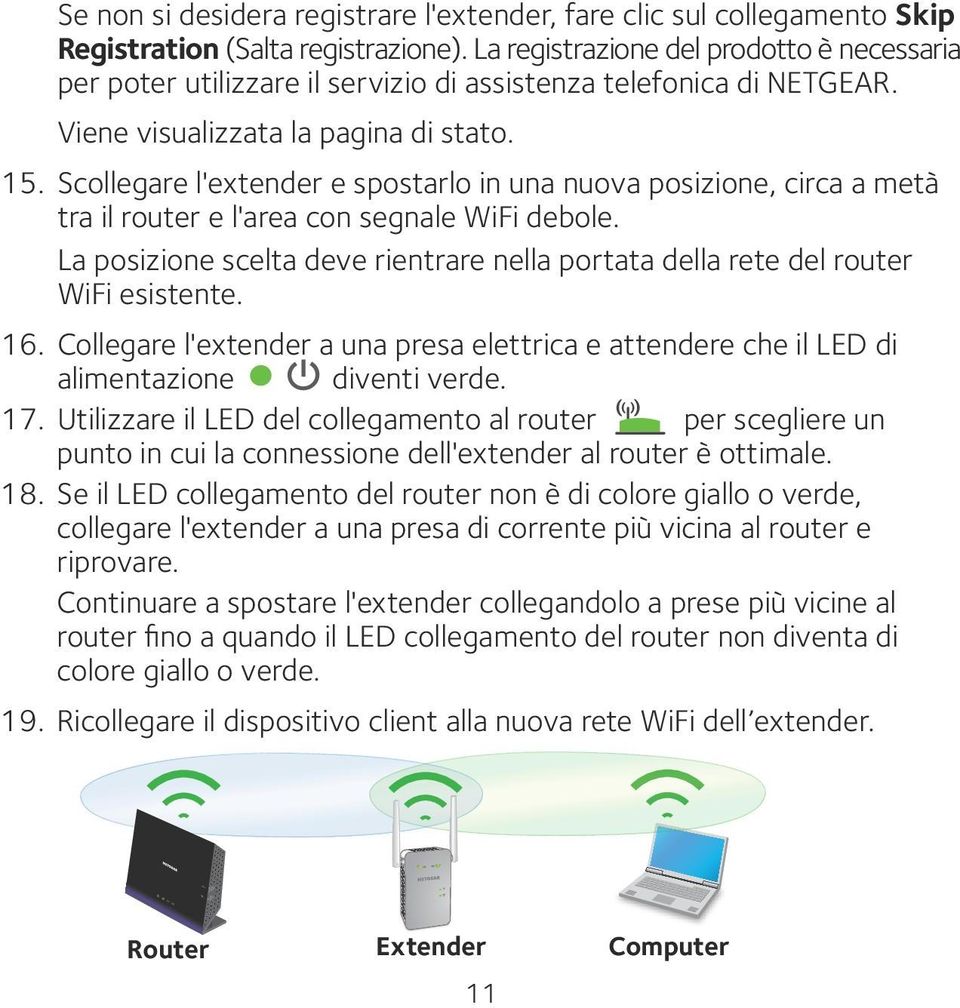 Scollegare l'extender e spostarlo in una nuova posizione, circa a metà tra il router e l'area con segnale WiFi debole.