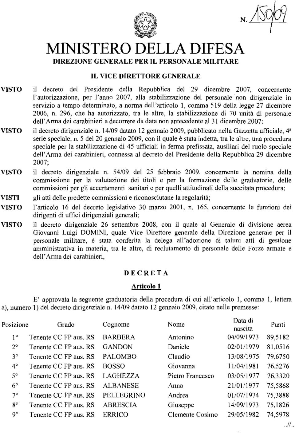 296, che ha autorizzato, tra le altre, la stabilizzazione di 70 unità di personale dell' Arma dei carabinieri a decorrere da data non antecedente al 31 dicembre 2007; il decreto dirigenziale n.