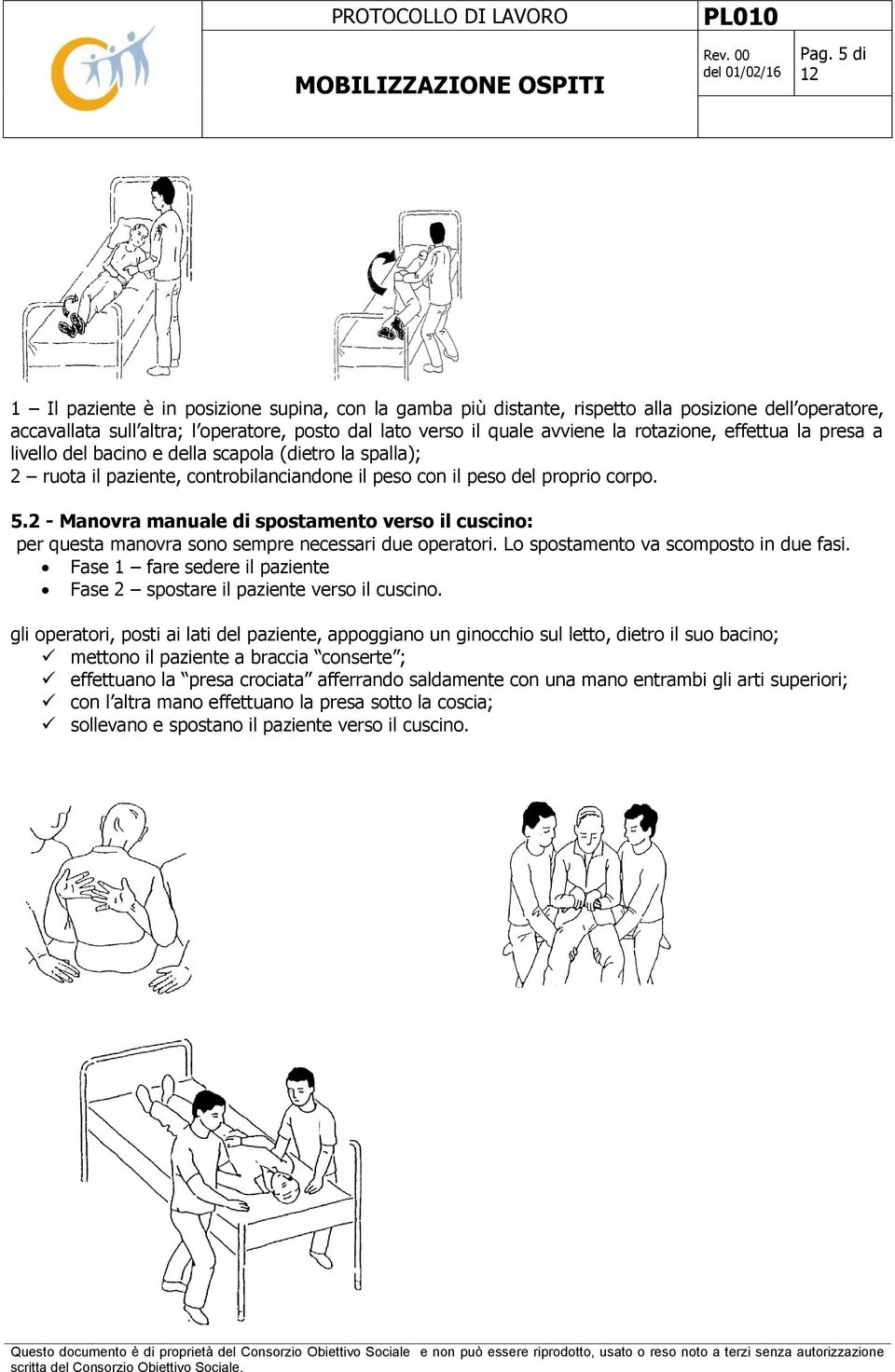 2 - Manovra manuale di spostamento verso il cuscino: per questa manovra sono sempre necessari due operatori. Lo spostamento va scomposto in due fasi.