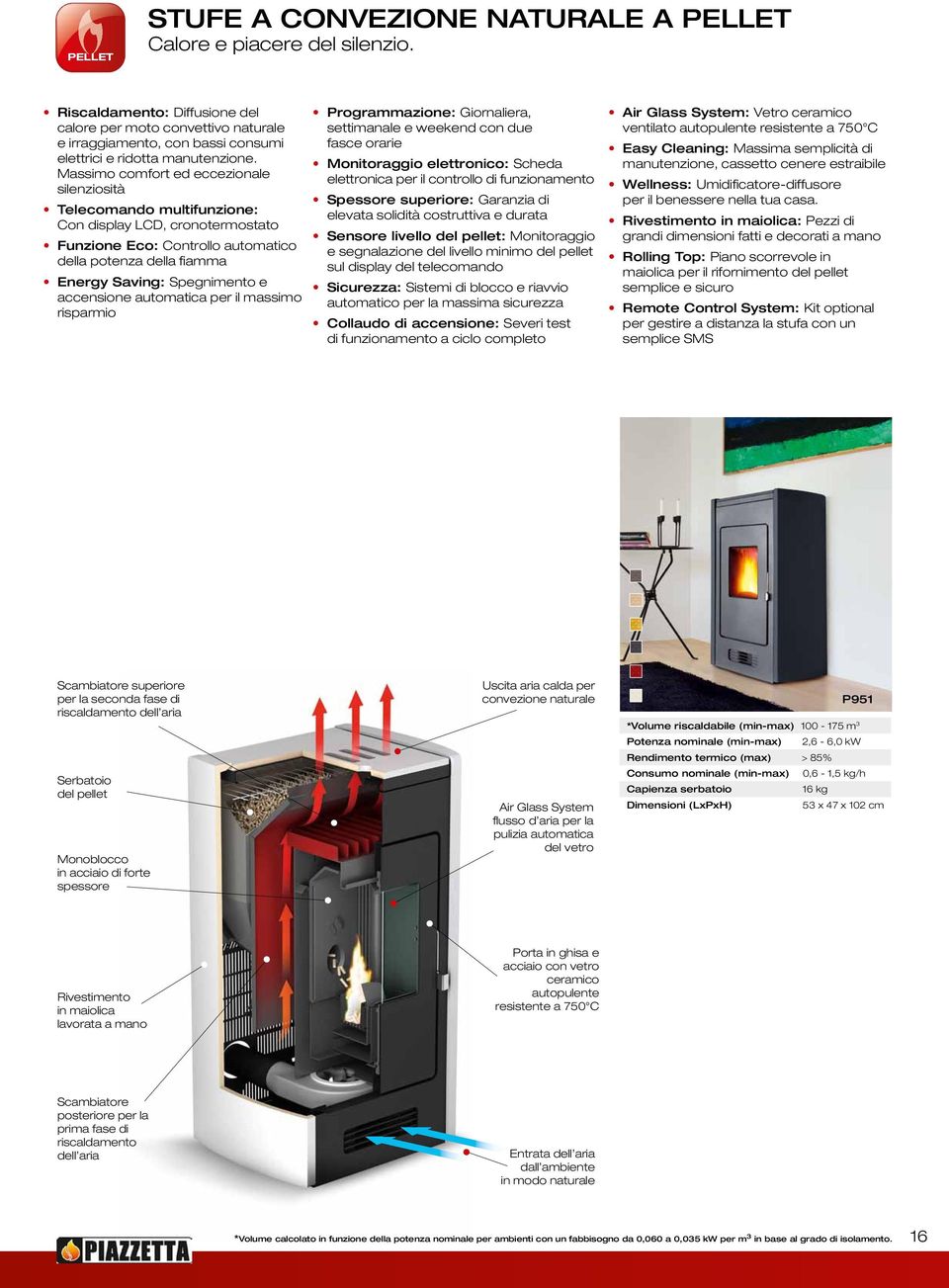 Massimo comfort ed eccezionale silenziosità Telecomando multifunzione: Con display LCD, cronotermostato Funzione Eco: Controllo automatico della potenza della fiamma Energy Saving: Spegnimento e