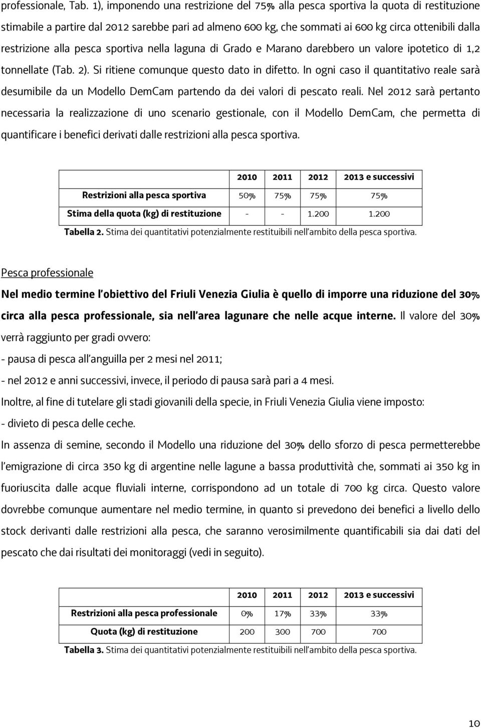 alla pesca sportiva nella laguna di Grado e Marano darebbero un valore ipotetico di 1,2 tonnellate (Tab. 2). Si ritiene comunque questo dato in difetto.