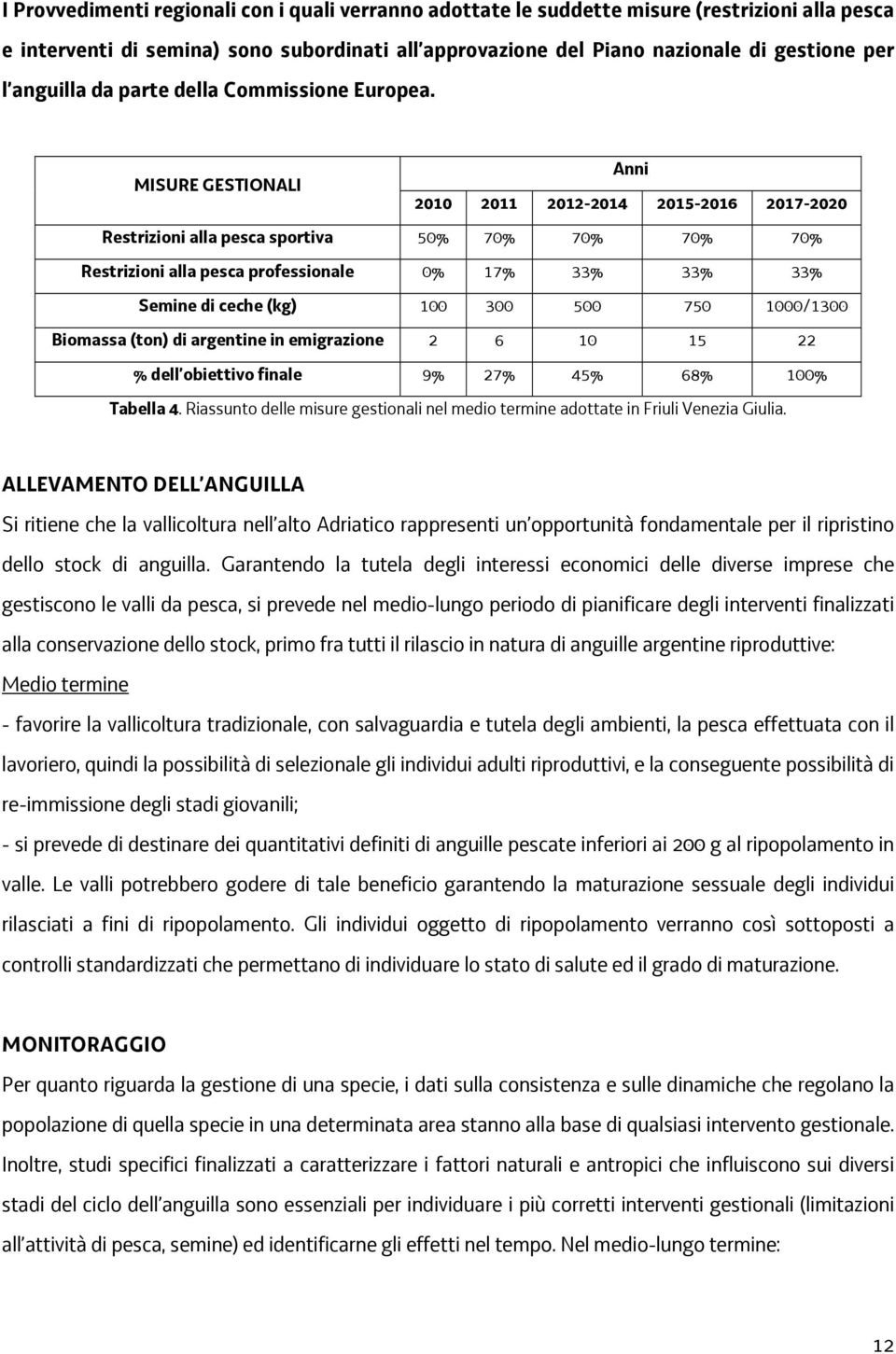 MISURE GESTIONALI Anni 2010 2011 2012-2014 2015-2016 2017-2020 Restrizioni alla pesca sportiva 50% 70% 70% 70% 70% Restrizioni alla pesca professionale 0% 17% 33% 33% 33% Semine di ceche (kg) 100 300