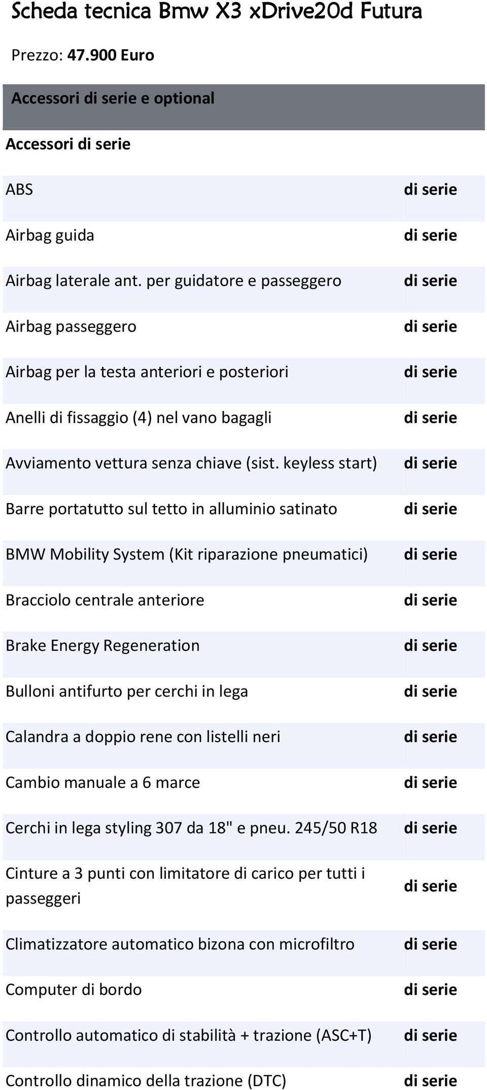 keyless start) Barre portatutto sul tetto in alluminio satinato BMW Mobility System (Kit riparazione pneumatici) Bracciolo centrale anteriore Brake Energy Regeneration Bulloni antifurto per cerchi in