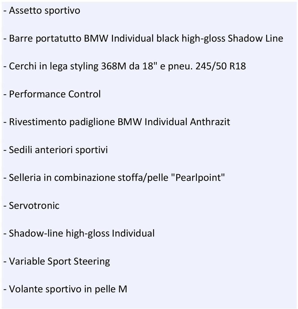 245/50 R18 - Performance Control - Rivestimento padiglione BMW Individual Anthrazit - Sedili