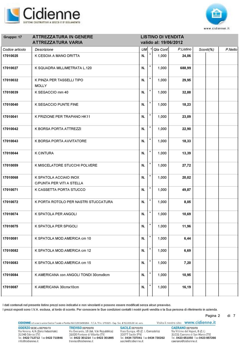 17010042 K BORSA PORTA ATTREZZI 1,000 22,90 17010043 K BORSA PORTA AVVITATORE 1,000 18,33 17010044 K CINTURA 1,000 13,39 17010059 K MISCELATORE STUCCHI POLVERE 1,000 27,72 17010068 K SPATOLA ACCIAIO