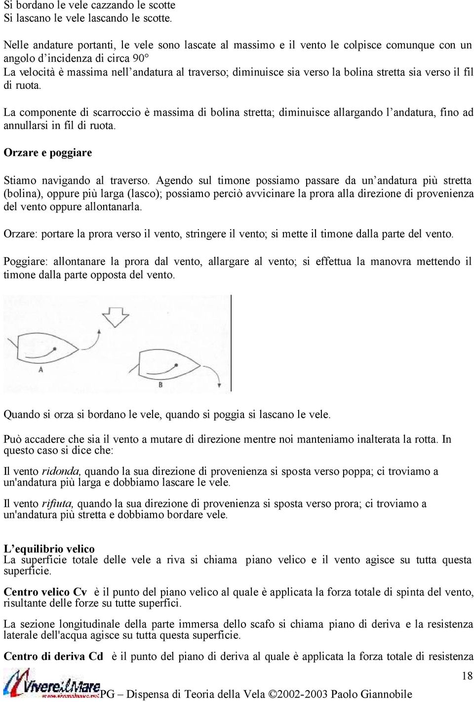 bolina stretta sia verso il fil di ruota. La componente di scarroccio è massima di bolina stretta; diminuisce allargando l andatura, fino ad annullarsi in fil di ruota.