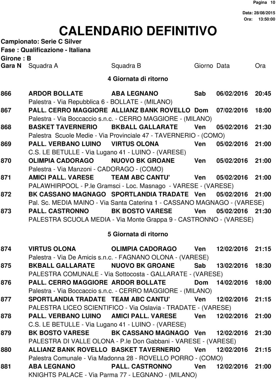 VERBANO LUINO VIRTUS OLONA Ven 05/02/2016 21:00 870 OLIMPIA CADORAGO NUOVO BK GROANE Ven 05/02/2016 21:00 871 AMICI PALL.