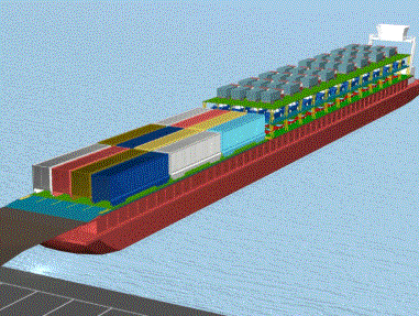 Figura 7 Interbarge project L Enisys, vettore per il trasporto merci, ha - lunghezza pari a 110 metri, - larghezza 11,4 metri, - pescaggio di 5,85 metri; - ha efficienti mezzi di movimentazione