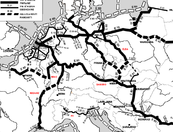 reti nazionali per la realizzazione di una rete idroviaria globale europea, senza limitazioni di ordine tecnico e senza strozzature, come illustrato in figura.