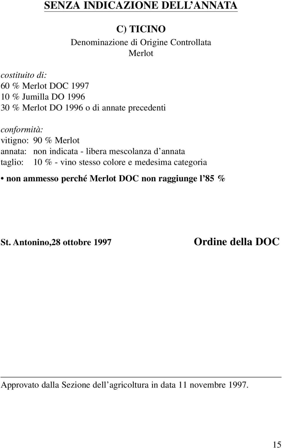 d annata taglio: 10 % - vino stesso colore e medesima categoria non ammesso perché Merlot DOC non raggiunge l 85