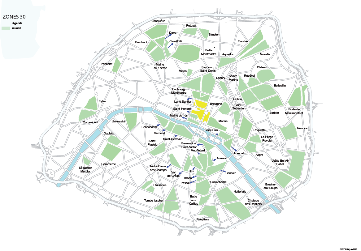 6. PARIGI Il 20% del territorio cittadino è a zona 30 (Fonte: Les double sens cyclable à Paris Bilan à un an Octobre 2011 Mairie de Paris). 70 quartieri sono in zona 30.
