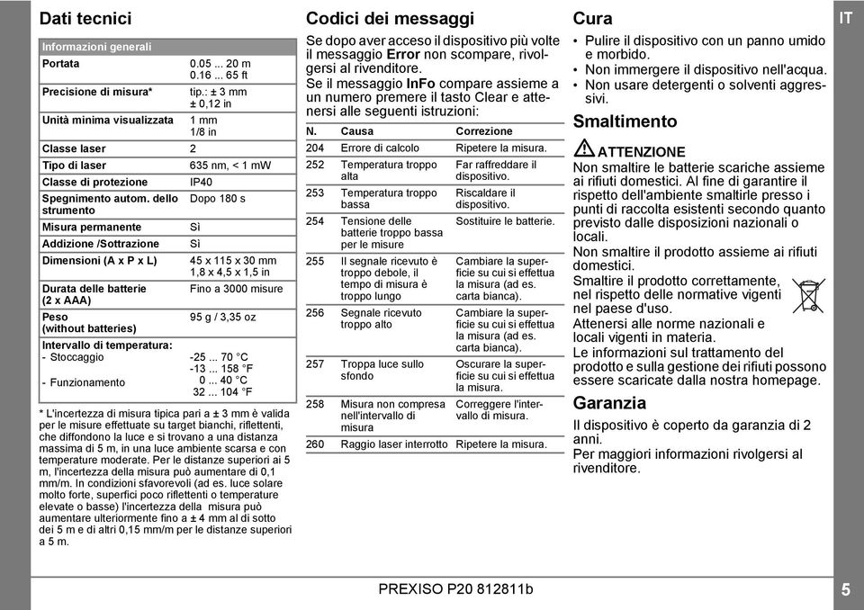 Se il messaggio InFo compare assieme a un numero premere il tasto Clear e attenersi alle seguenti istruzioni: N. Causa Correzione Pulire il dispositivo con un panno umido e morbido.