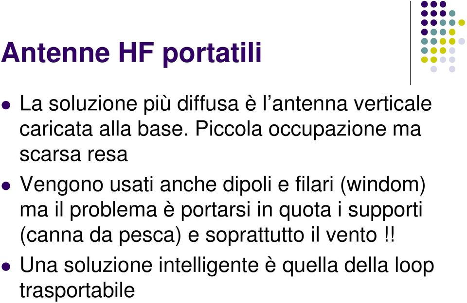 Piccola occupazione ma scarsa resa Vengono usati anche dipoli e filari