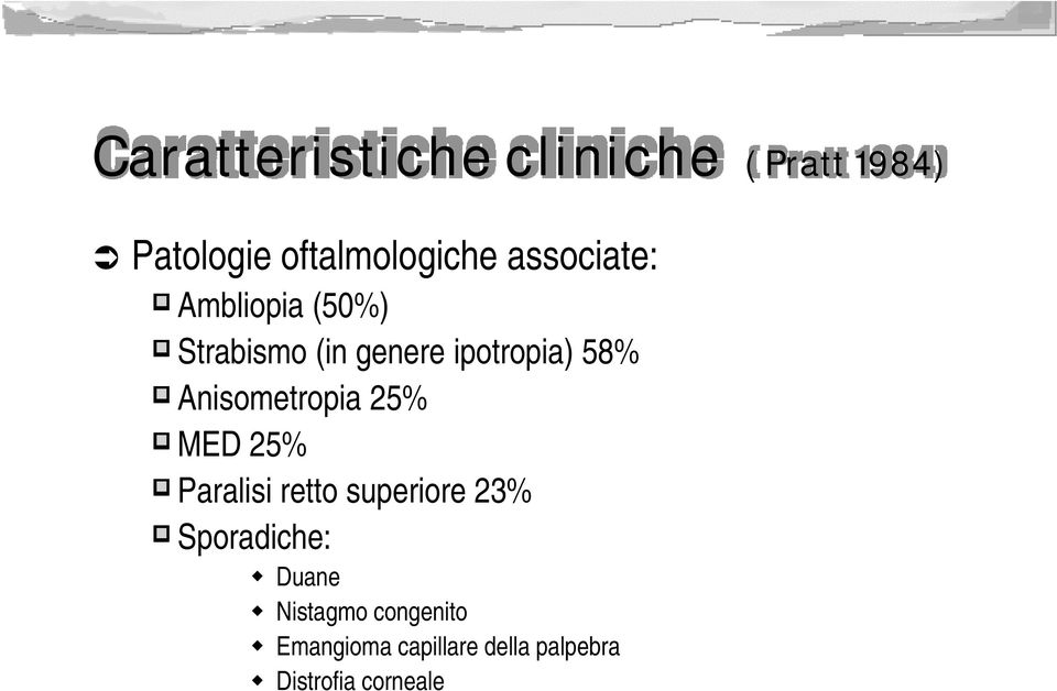 Anisometropia 25% MED 25% Paralisi retto superiore 23% Sporadiche: