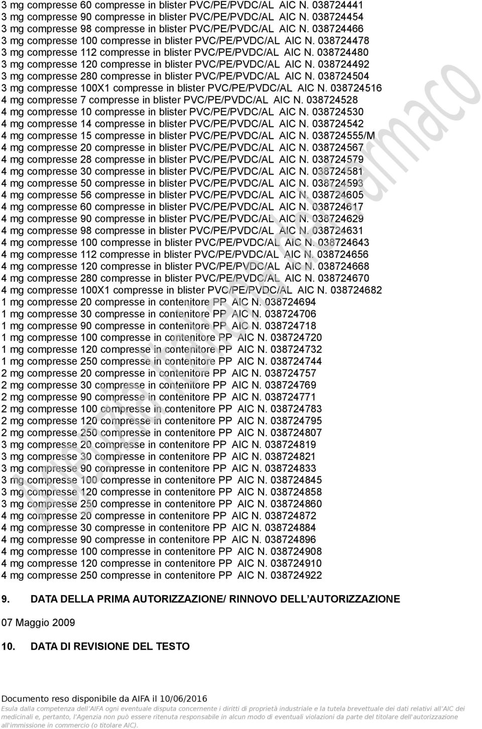 038724478 3 mg compresse 112 compresse in blister PVC/PE/PVDC/AL AIC N. 038724480 3 mg compresse 120 compresse in blister PVC/PE/PVDC/AL AIC N.