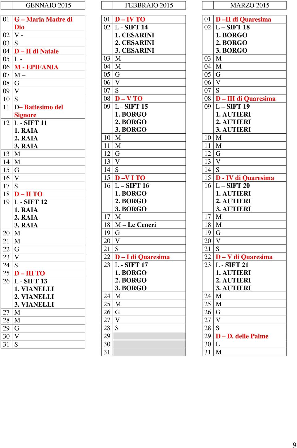 VIANELLI 27 M 28 M 29 G 30 V 31 S FEBBRAIO 2015 01 D IV TO 02 L - SIFT 14 1. CESARINI 2. CESARINI 3. CESARINI 03 M 04 M 05 G 06 V 07 S 08 D V TO 09 L - SIFT 15 1. BORGO 2. BORGO 3.