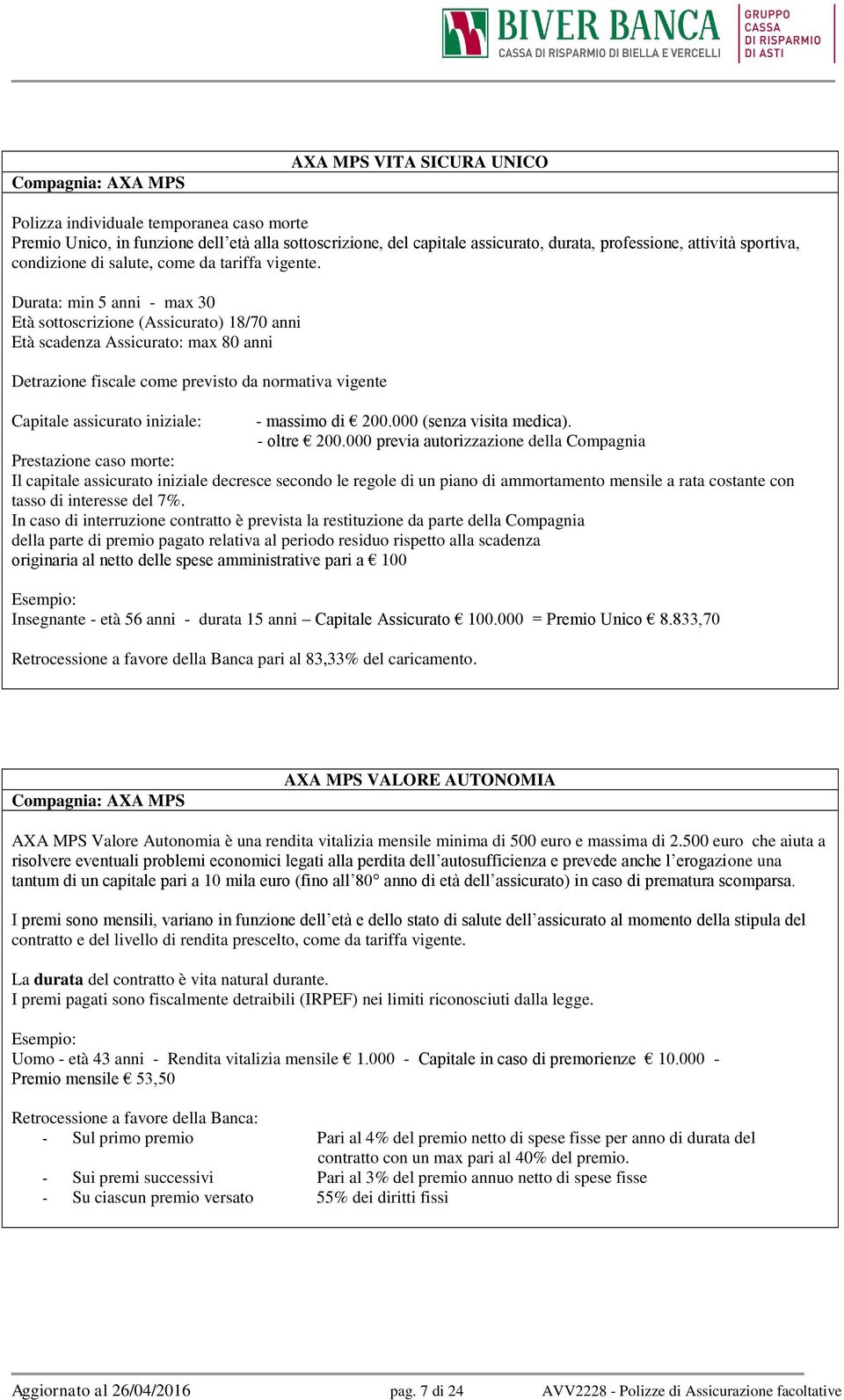 Durata: min 5 anni - max 30 Età sottoscrizione (Assicurato) 18/70 anni Età scadenza Assicurato: max 80 anni Detrazione fiscale come previsto da normativa vigente Capitale assicurato iniziale: -