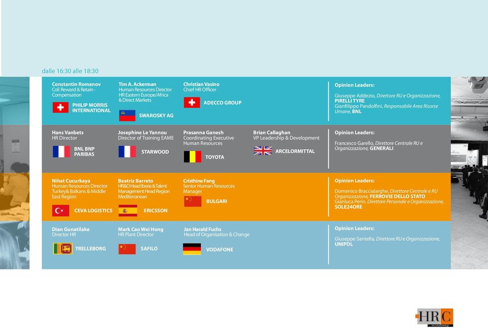 Organizzazione, PIRELLI TYRE Gianfilippo Pandolfini, Responsabile Area Risorse Umane, BNL Hans Vanbets HR Director BNL BNP PARIBAS Josephine Le Yannou Director of Training EAME STARWOOD Prasanna