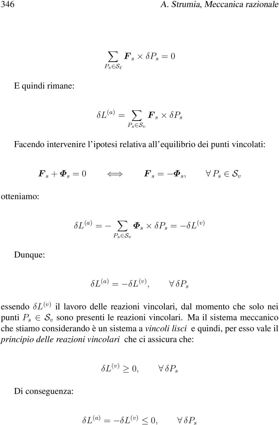 vincolati: F s + Φ s = 0 F s = Φ s, P s S v otteniamo: δl (a) = Φ s δp s = δl (v) P s S v Dunque: δl (a) = δl (v), δp s essendo δl (v) il lavoro delle