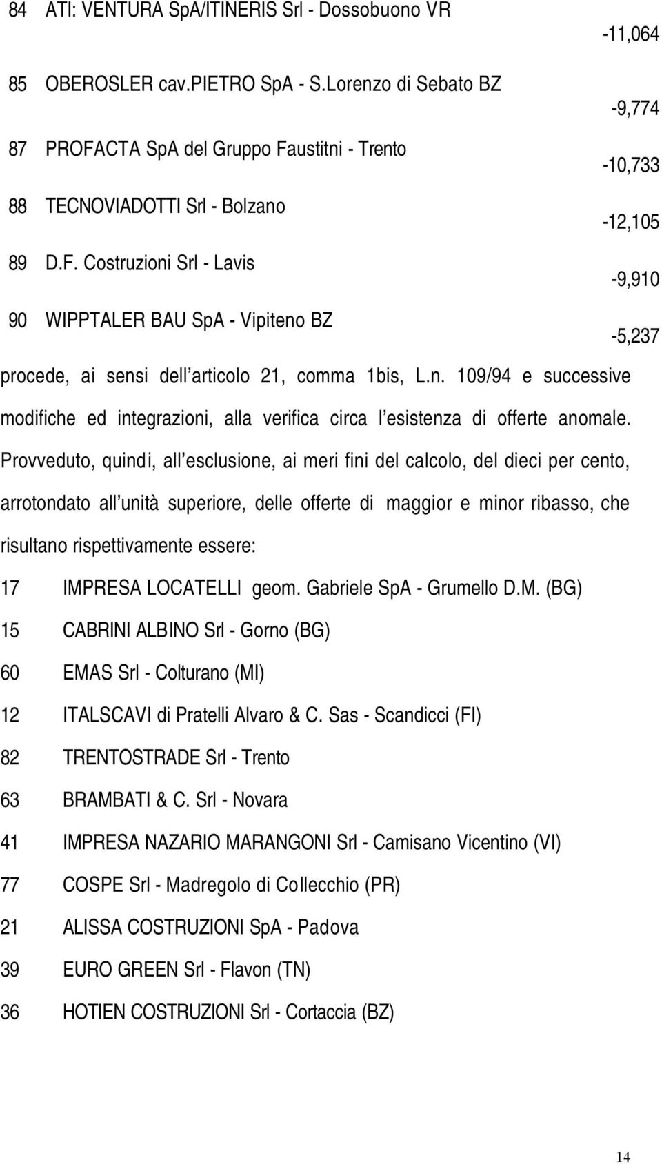 n. 109/94 e successive modifiche ed integrazioni, alla verifica circa l esistenza di offerte anomale.