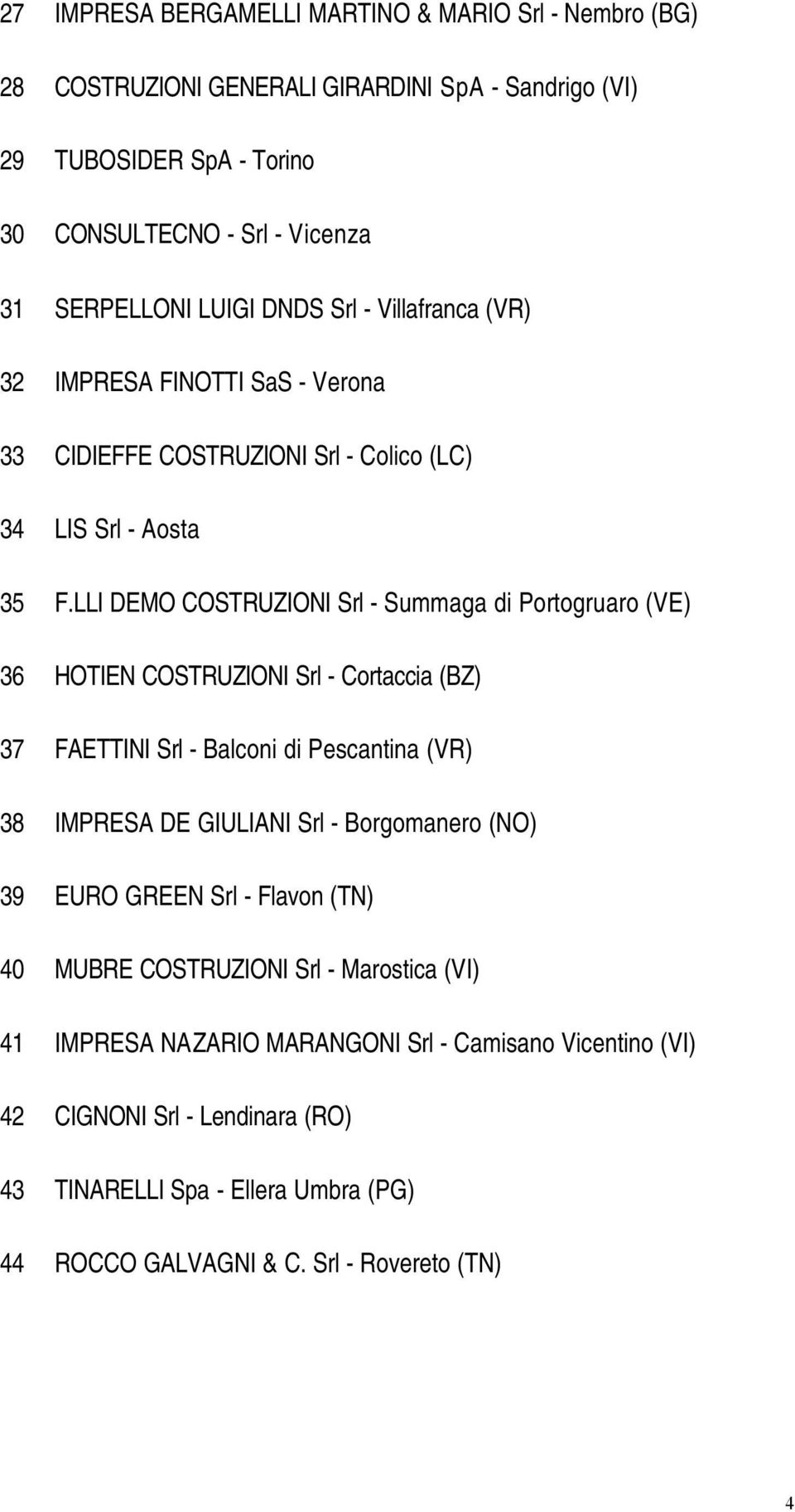 LLI DEMO COSTRUZIONI Srl - Summaga di Portogruaro (VE) 36 HOTIEN COSTRUZIONI Srl - Cortaccia (BZ) 37 FAETTINI Srl - Balconi di Pescantina (VR) 38 IMPRESA DE GIULIANI Srl - Borgomanero