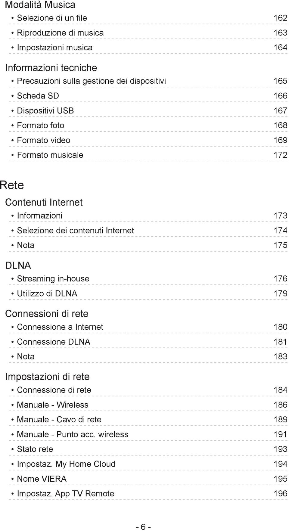 DLNA Streaming in-house 176 Utilizzo di DLNA 179 Connessioni di rete Connessione a Internet 180 Connessione DLNA 181 Nota 183 Impostazioni di rete Connessione di rete 184