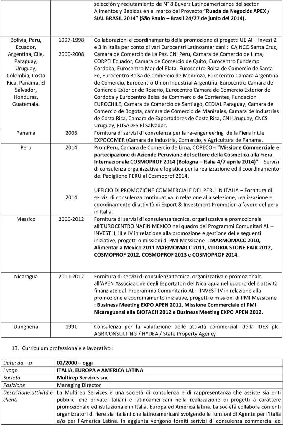 1997-1998 2000-2008 Collaborazioni e coordinamento della promozione di progetti UE Al Invest 2 e 3 in Italia per conto di vari Eurocentri Latinoamericani : CAINCO Santa Cruz, Camara de Comercio de La