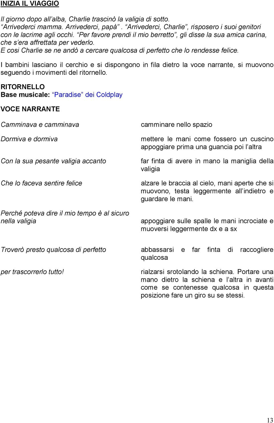 I bambini lasciano il cerchio e si dispongono in fila dietro la voce narrante, si muovono seguendo i movimenti del ritornello.